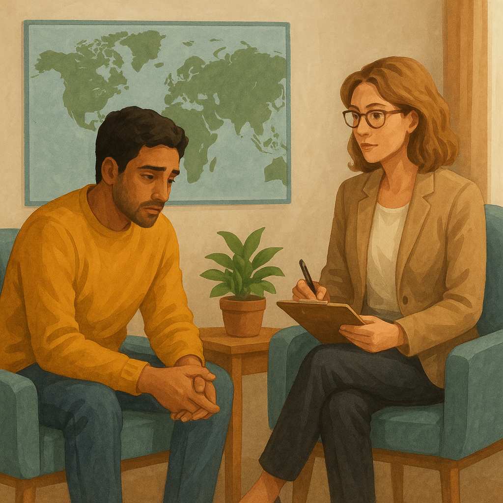 Homem expatriado em sessão de psicoterapia com terapeuta mulher em ambiente acolhedor, simbolizando apoio emocional para quem vive fora do país de origem.