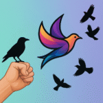 Pássaro colorido voando entre silhuetas de aves pretas, saindo de um punho fechado sobre fundo degradê, simbolizando liberdade e luta antimanicomia