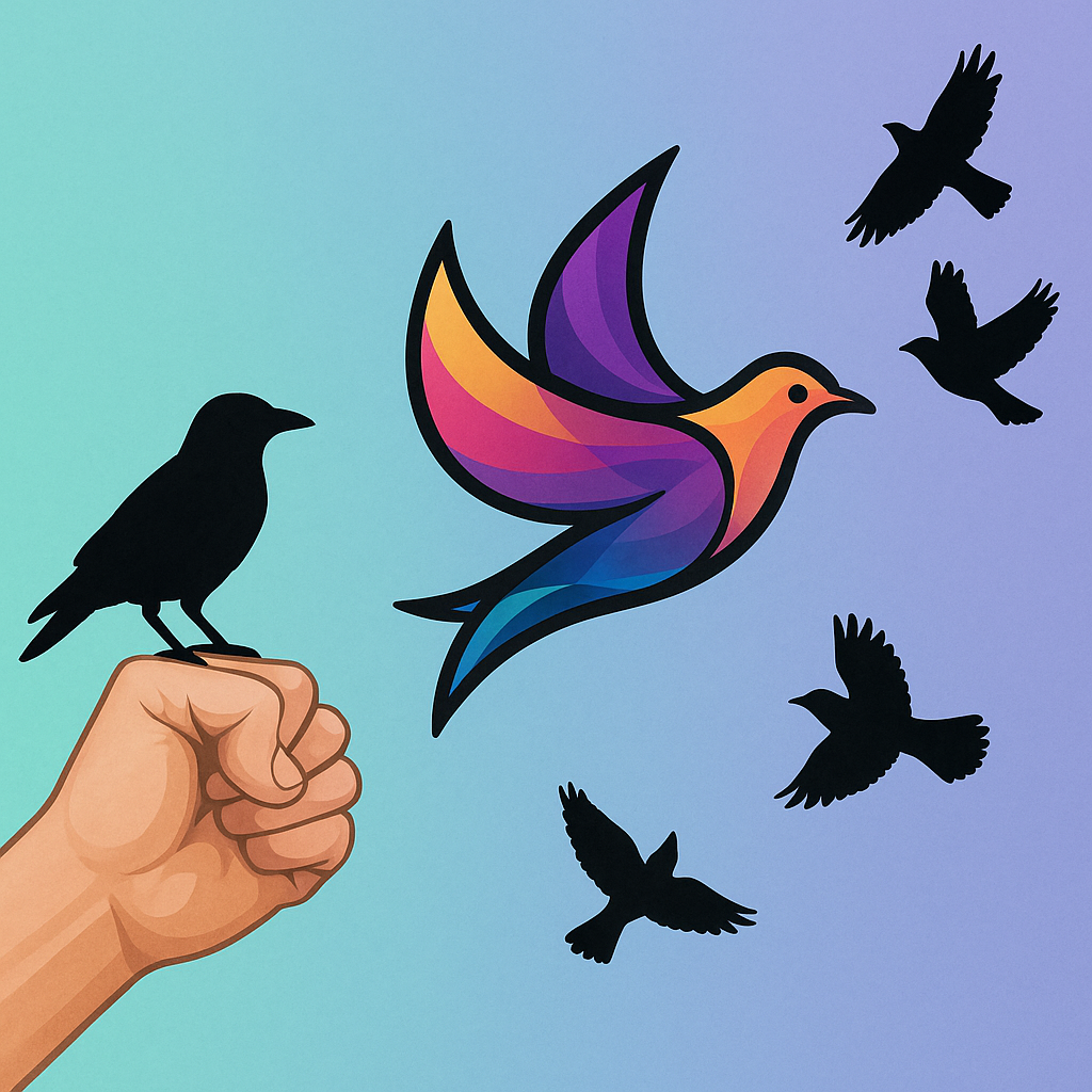 Pássaro colorido voando entre silhuetas de aves pretas, saindo de um punho fechado sobre fundo degradê, simbolizando liberdade e luta antimanicomia