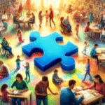 Imagem vibrante representando a conscientização do autismo, com uma peça de quebra-cabeça azul central e pessoas diversas em uma biblioteca.