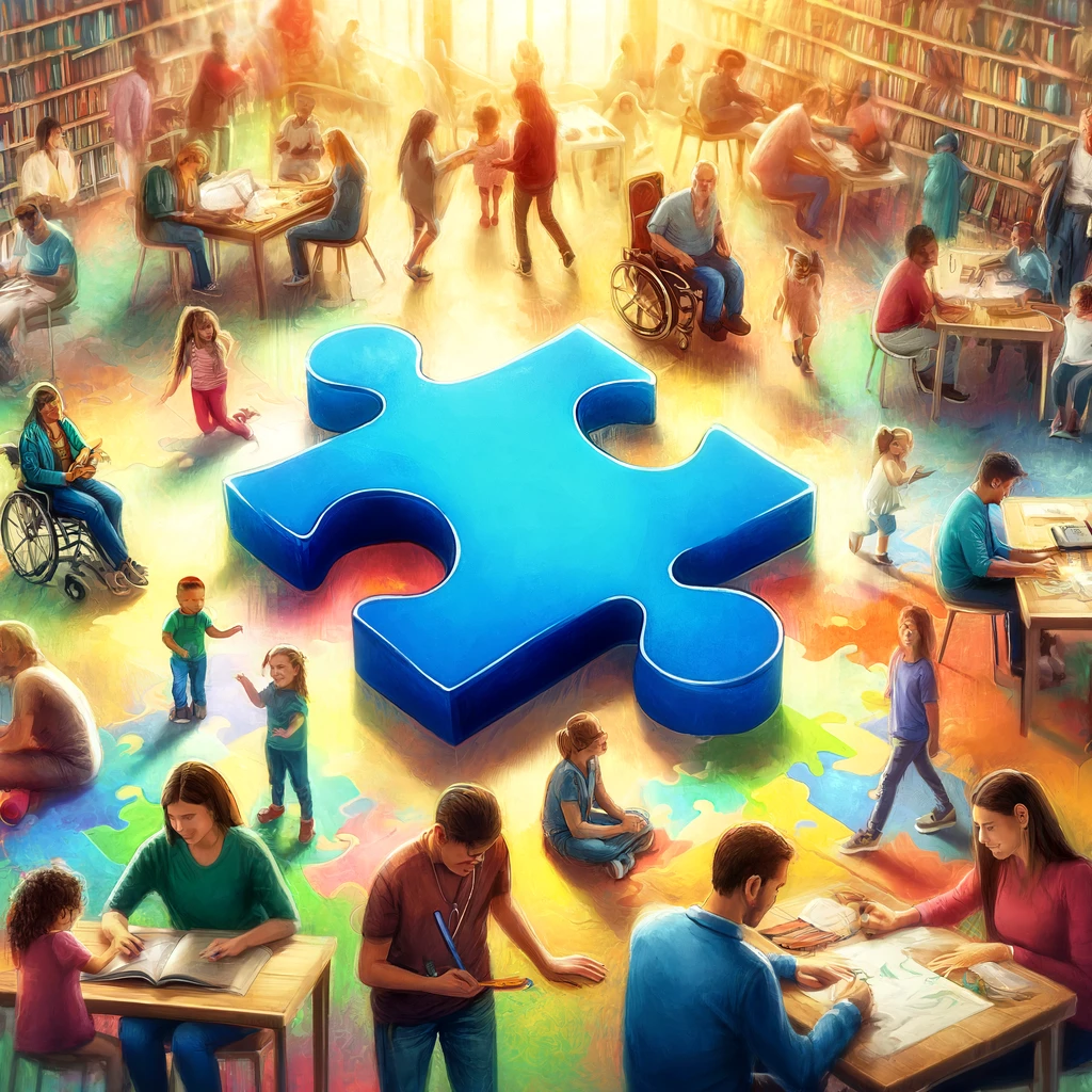Imagem vibrante representando a conscientização do autismo, com uma peça de quebra-cabeça azul central e pessoas diversas em uma biblioteca.