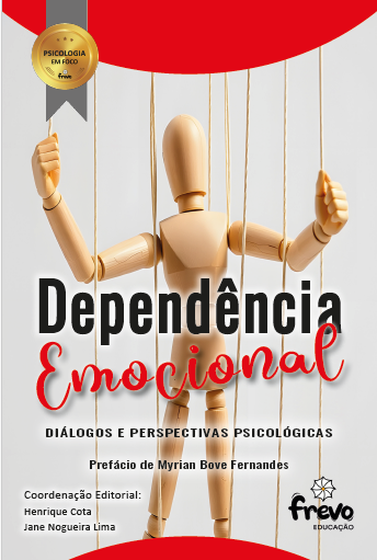 Capa do livro "Dependência Emocional: Diálogos e Perspectivas Psicológicas", com imagem de boneco de madeira preso por cordas como marionete. Co-autora Gisa Aquino Dineli