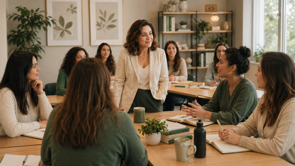 Grupo de participantes em roda de conversa com a facilitadora, discutindo carreira e primeiros passos profissionais em Psicologia.