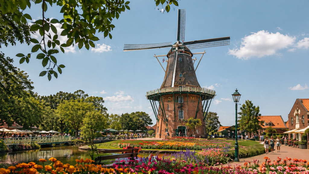 Moinho de Holambra cercado por jardins coloridos, céu azul e paisagem turística da cidade.