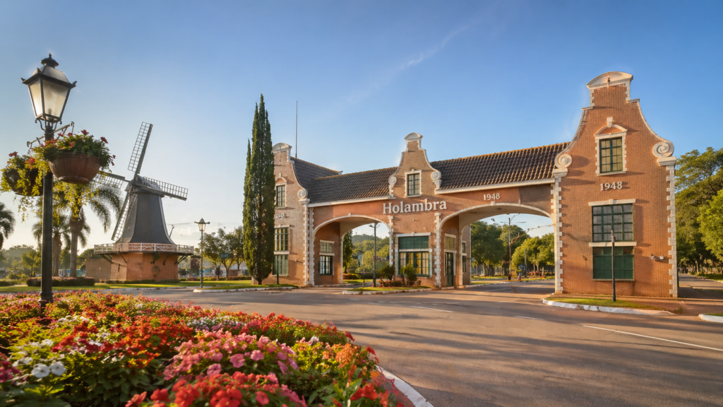 Portal de Holambra em dia ensolarado, com arquitetura inspirada no estilo holandês, jardins floridos e moinho ao fundo.