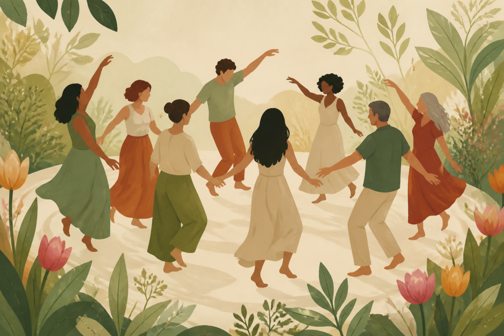 Ilustração conceitual para o artigo sobre dança circular e saúde mental.