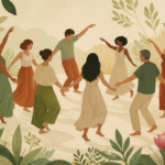 Ilustração conceitual para o artigo sobre dança circular e saúde mental.