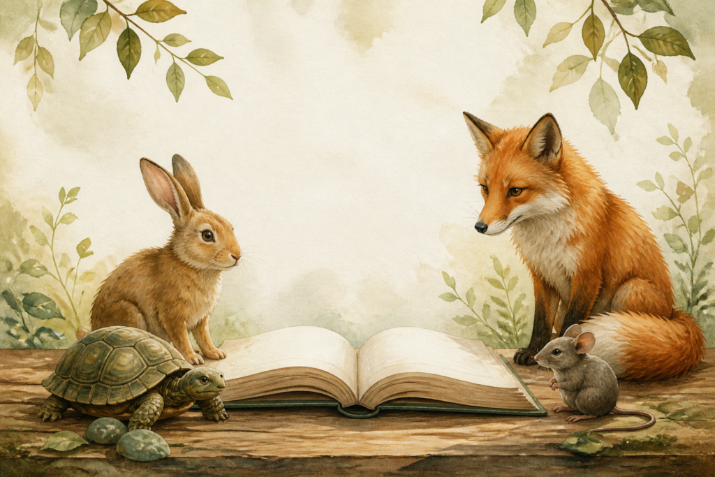 Ilustração conceitual sobre leitura de fábulas e reflexão emocional.