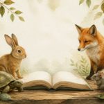 Ilustração conceitual sobre leitura de fábulas e reflexão emocional.