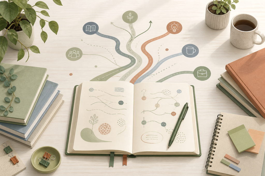 Ilustração conceitual de uma mesa de estudo com caderno de planejamento, livros de Psicologia, caneta e caminhos representados por linhas suaves.