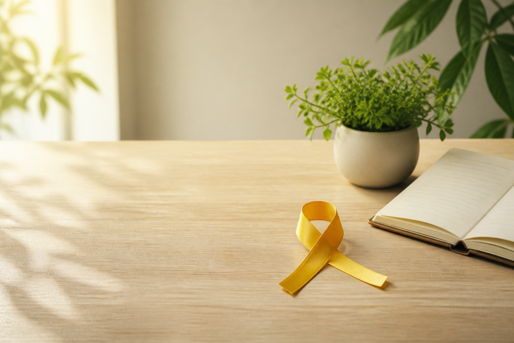 Laço amarelo sobre fundo claro, representando uma abordagem responsável e acolhedora do Setembro Amarelo e da saúde mental.