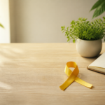 Laço amarelo sobre fundo claro, representando uma abordagem responsável e acolhedora do Setembro Amarelo e da saúde mental.