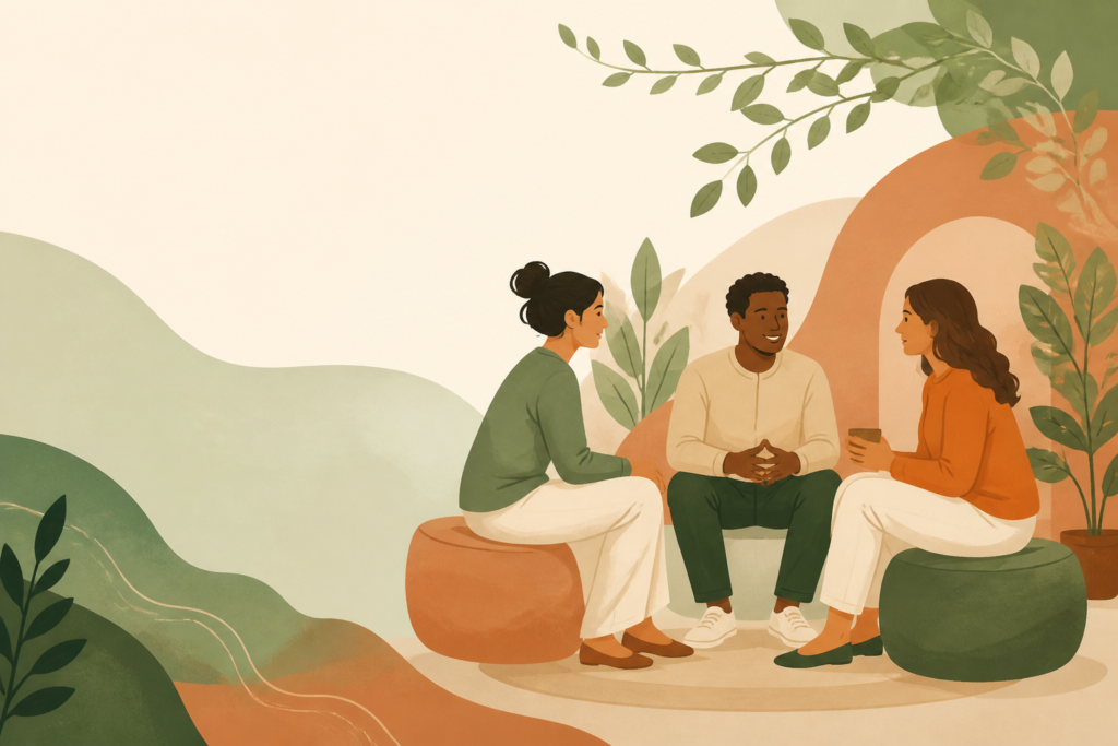 Ilustração conceitual sobre voluntariado, presença e escuta em contexto comunitário.